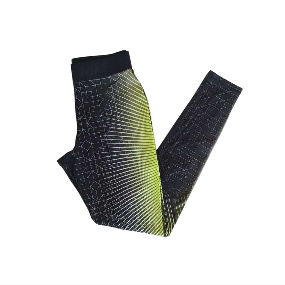 Nike Pro Geometric Print Hyperwarm Tights Leggings SMALL Black Neon Green Lime